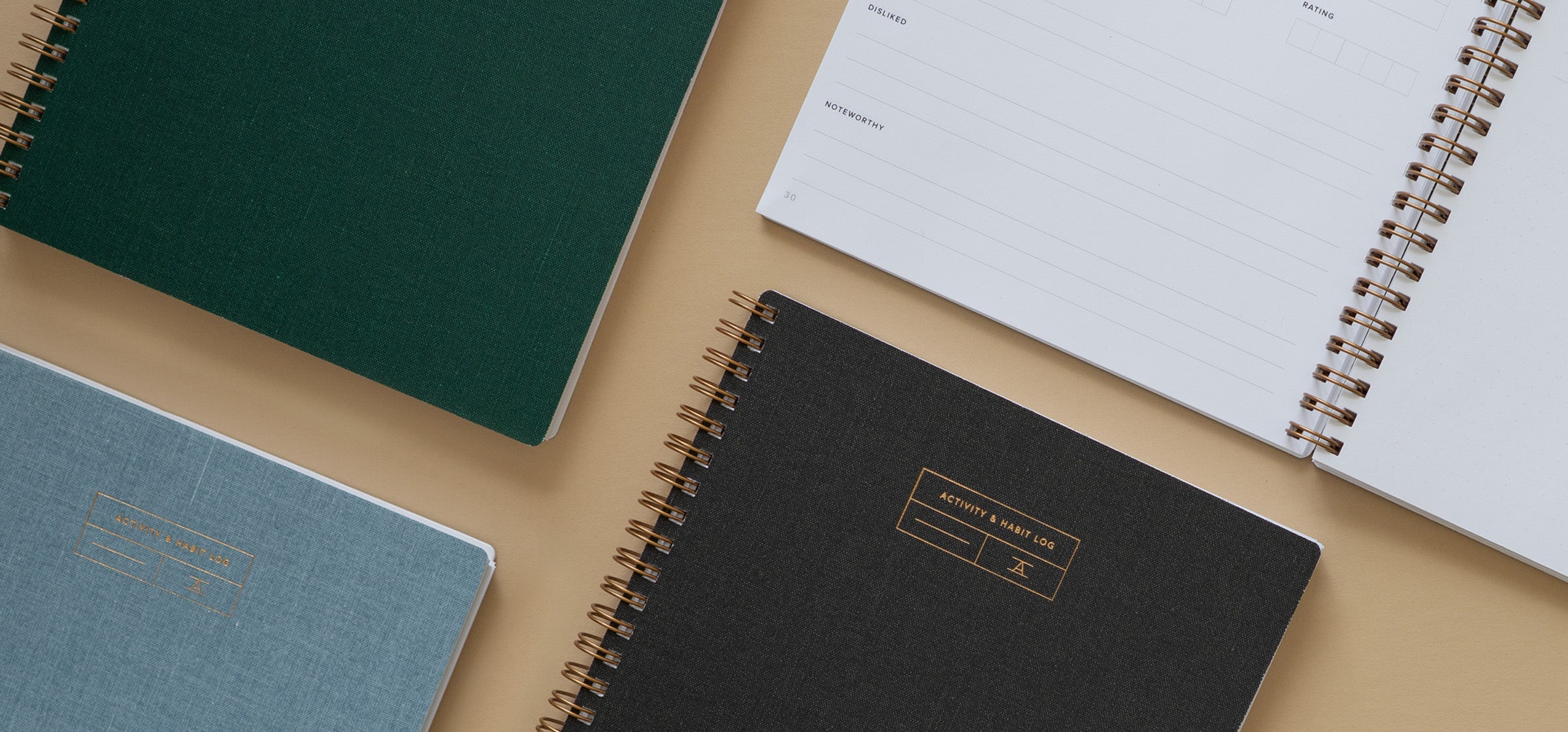 The Activity & Habit Log in a few different colors lies in a grid pattern against a neutral beige background. An entry spread is seen in the upper corner where the log lies open