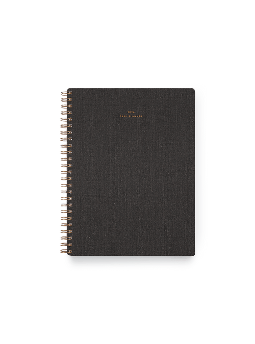 2026 Compact Task Planner in Charcoal Gray bookcloth with brass wire-o binding front view || Charcoal Gray