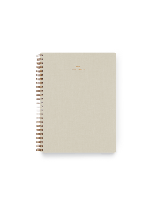2026 Compact Task Planner in Natural Linen bookcloth with brass wire-o binding front view || Natural Linen