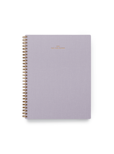 2026 Year Task Planner in Lavender Gray bookcloth with brass wire-o binding front view