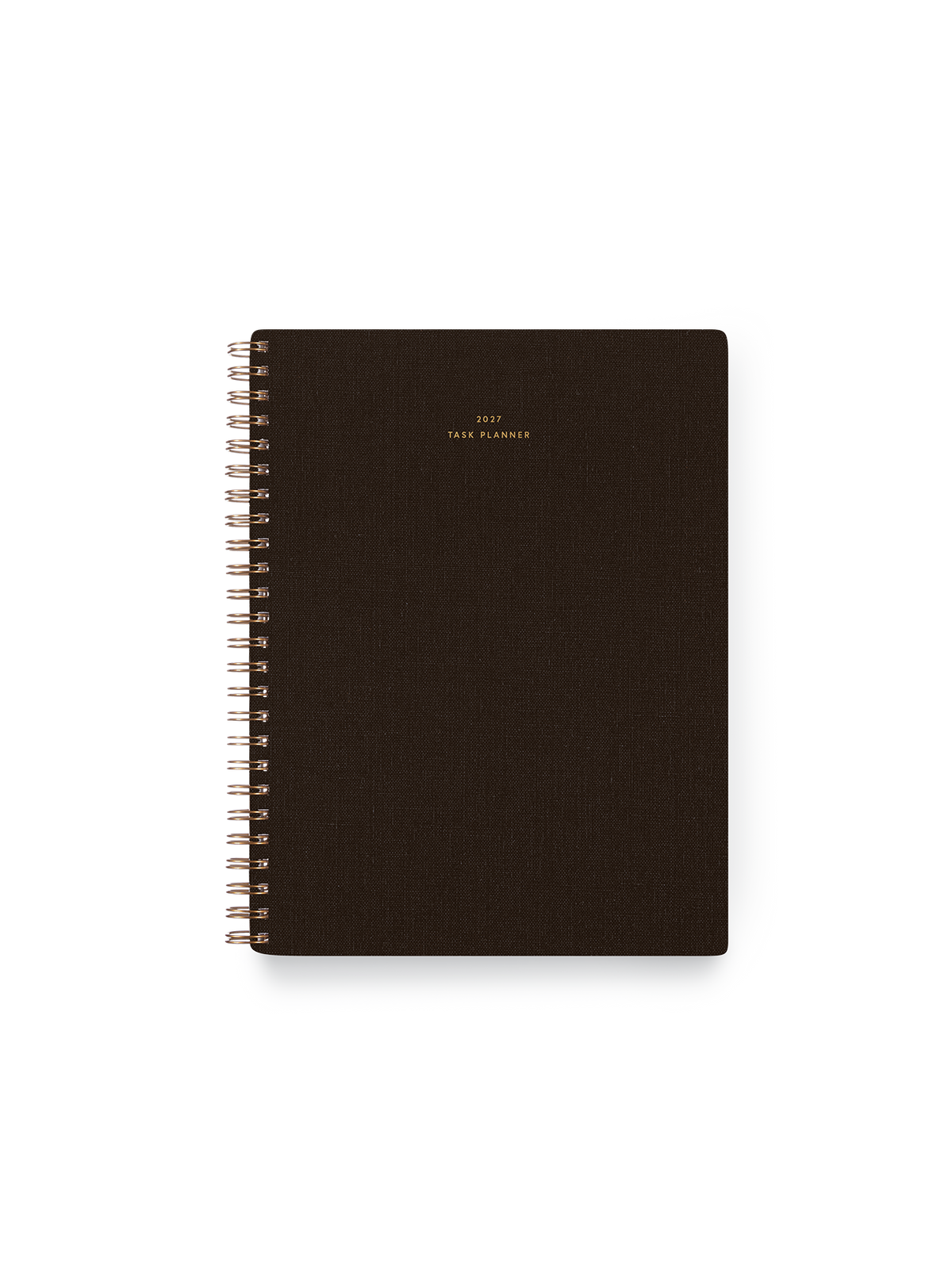 2027 Compact Task Planner in Espresso bookcloth with brass wire-o binding front view || Espresso