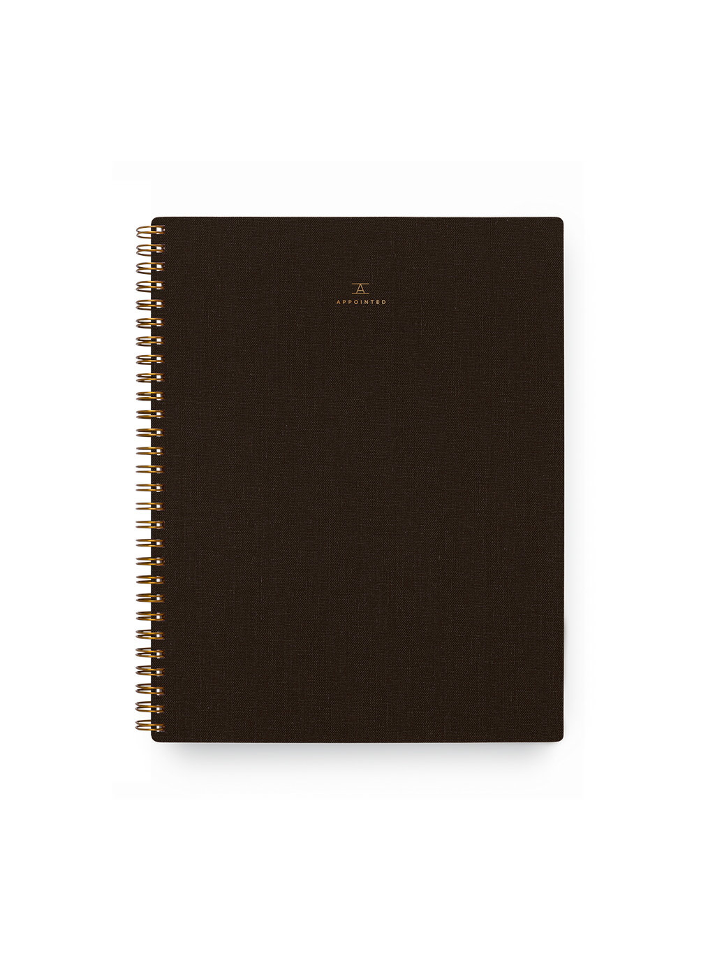 Appointed Notebook in Espresso bookcloth with brass wire-o binding front view || Espresso