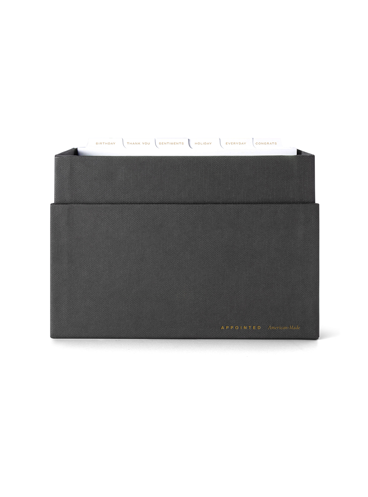 Eye-level view of Sage Card Keeper, lid off and tabs showing || Onyx