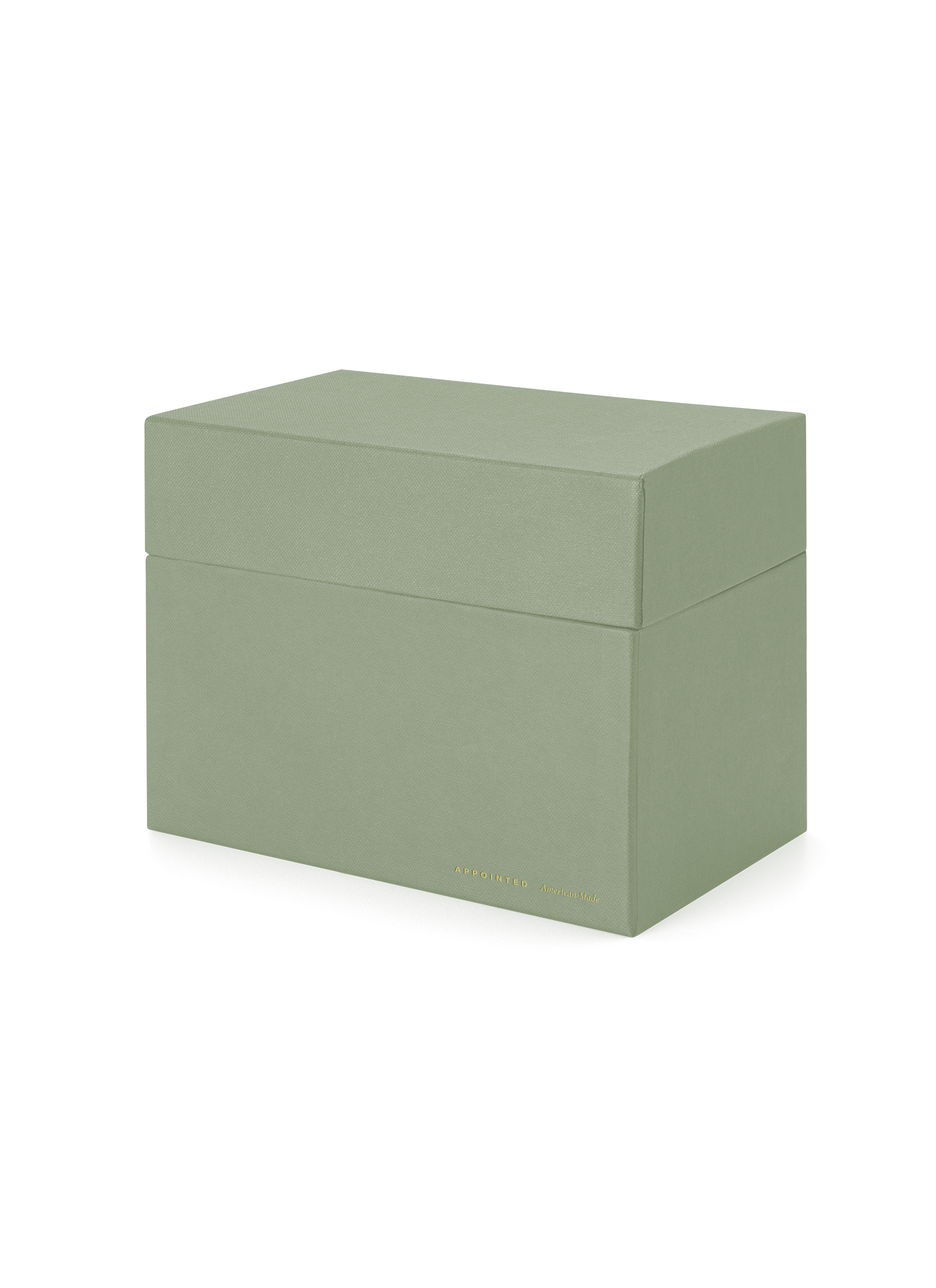 Eye-level view of desktop storage box, lid on|| Sage Green